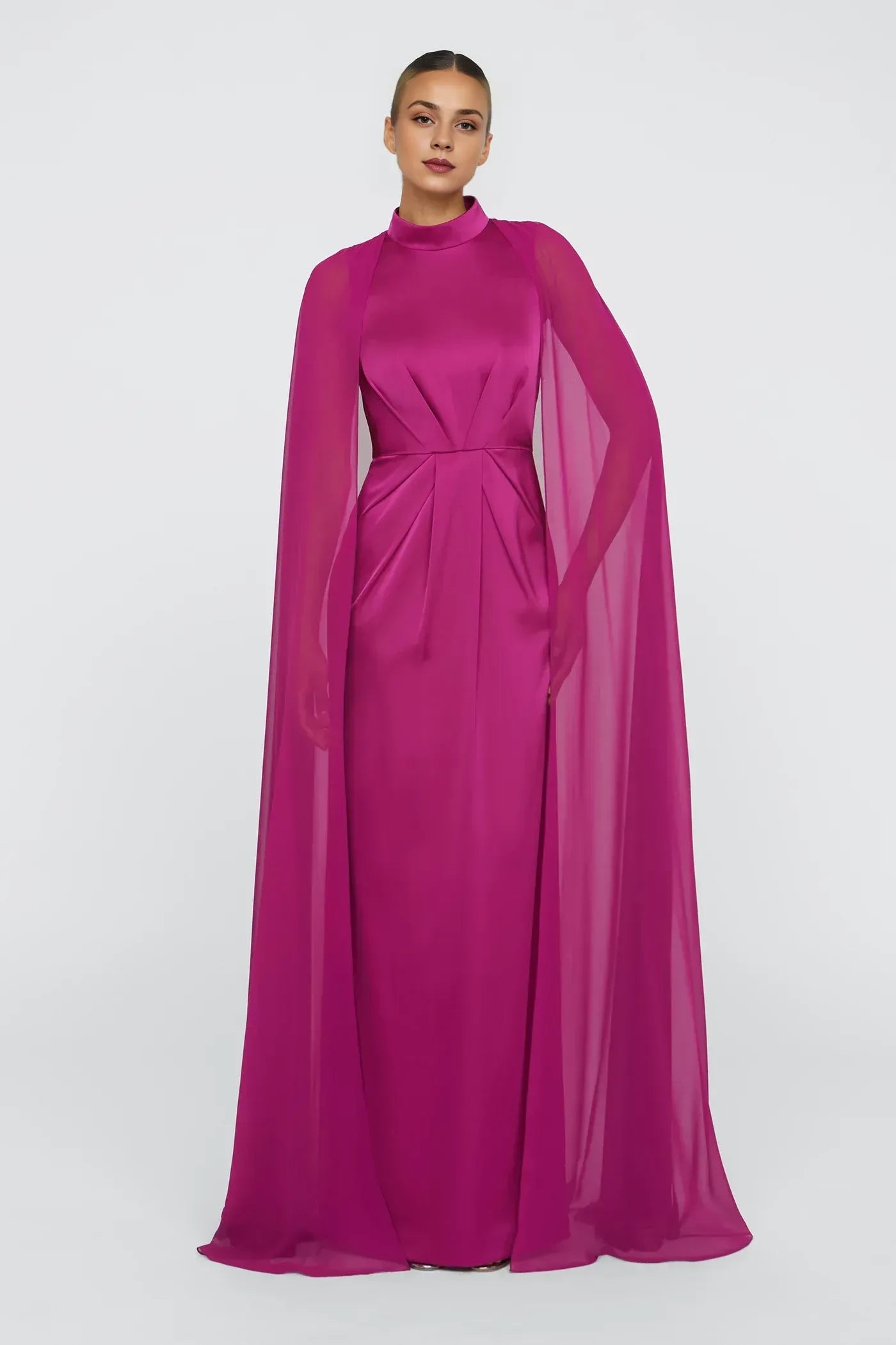 Graceful Sheath Mock Neck Cape Sleeve Draped Back Floor Length Prom Dress