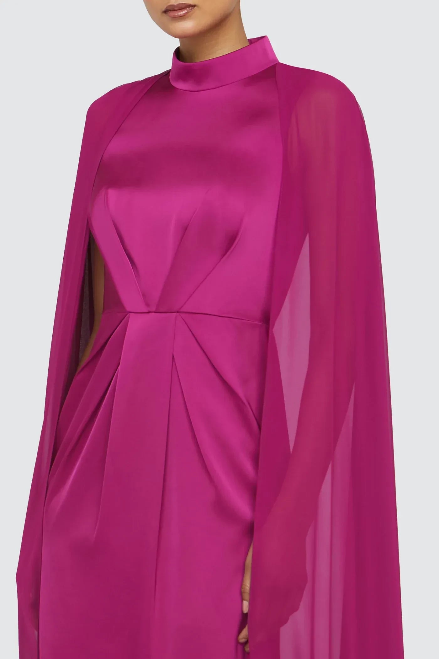 Graceful Sheath Mock Neck Cape Sleeve Draped Back Floor Length Prom Dress