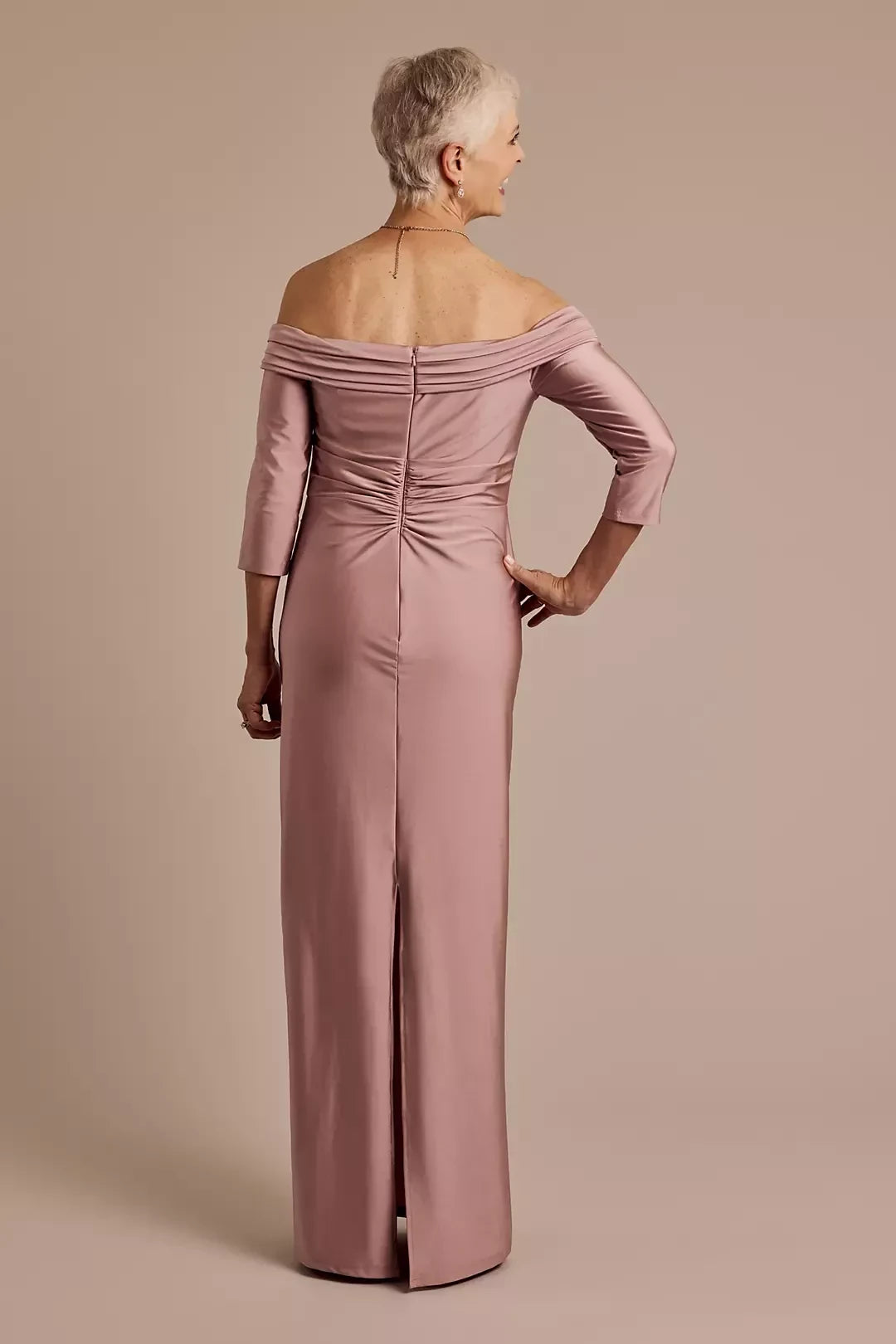 Graceful Sheath Off Shoulder Three Quarter Sleeve Ruched Back Floor Length Mother of the Bride Dress