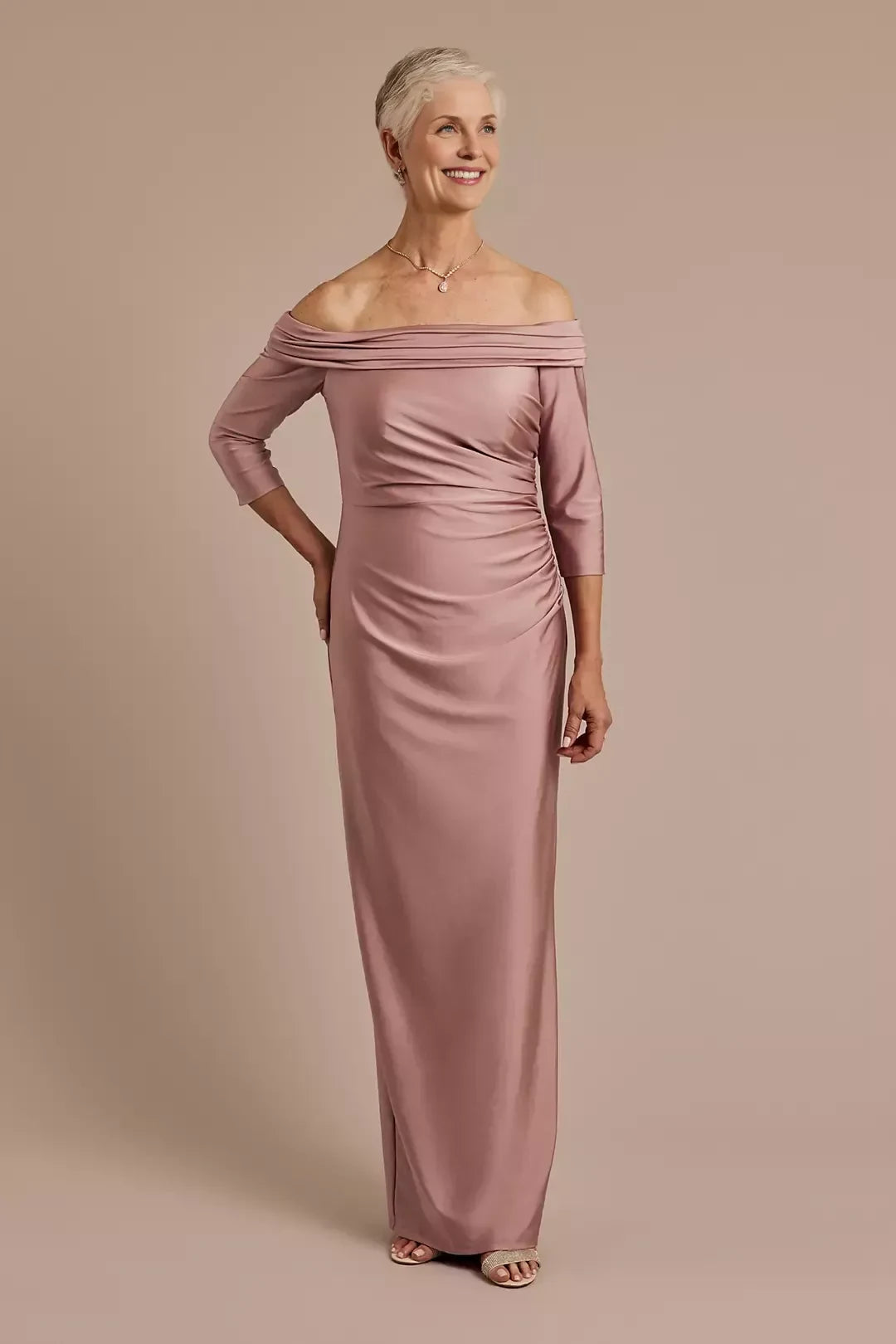 Graceful Sheath Off Shoulder Three Quarter Sleeve Ruched Back Floor Length Mother of the Bride Dress
