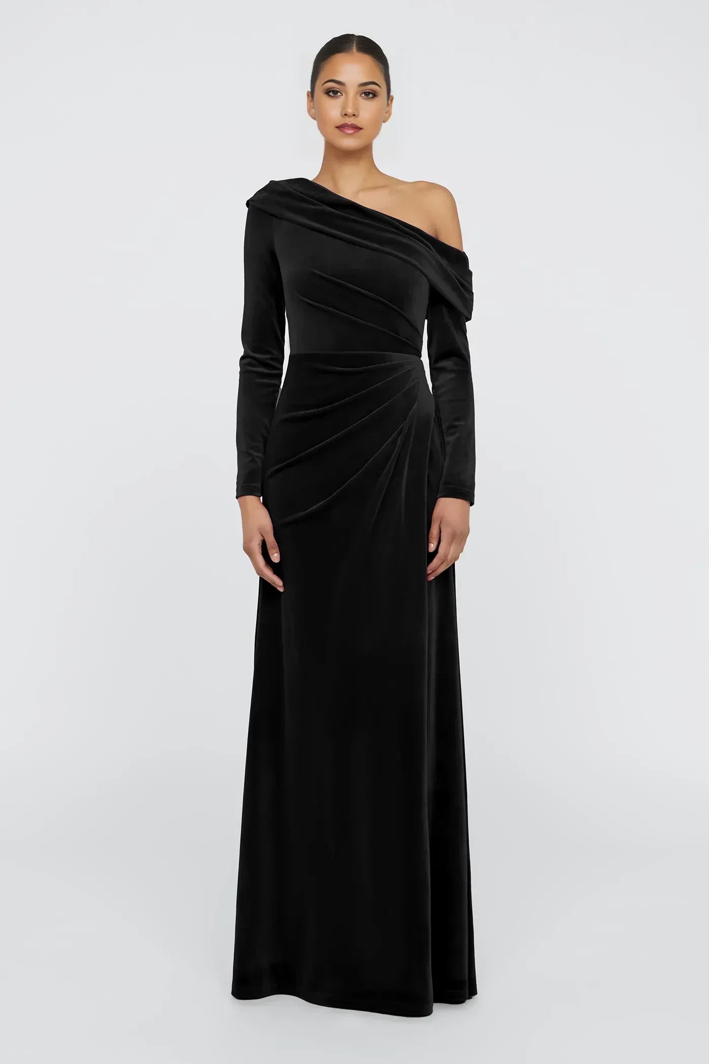 Graceful Sheath One Shoulder Long Sleeve Draped Back Floor Length Prom Dress