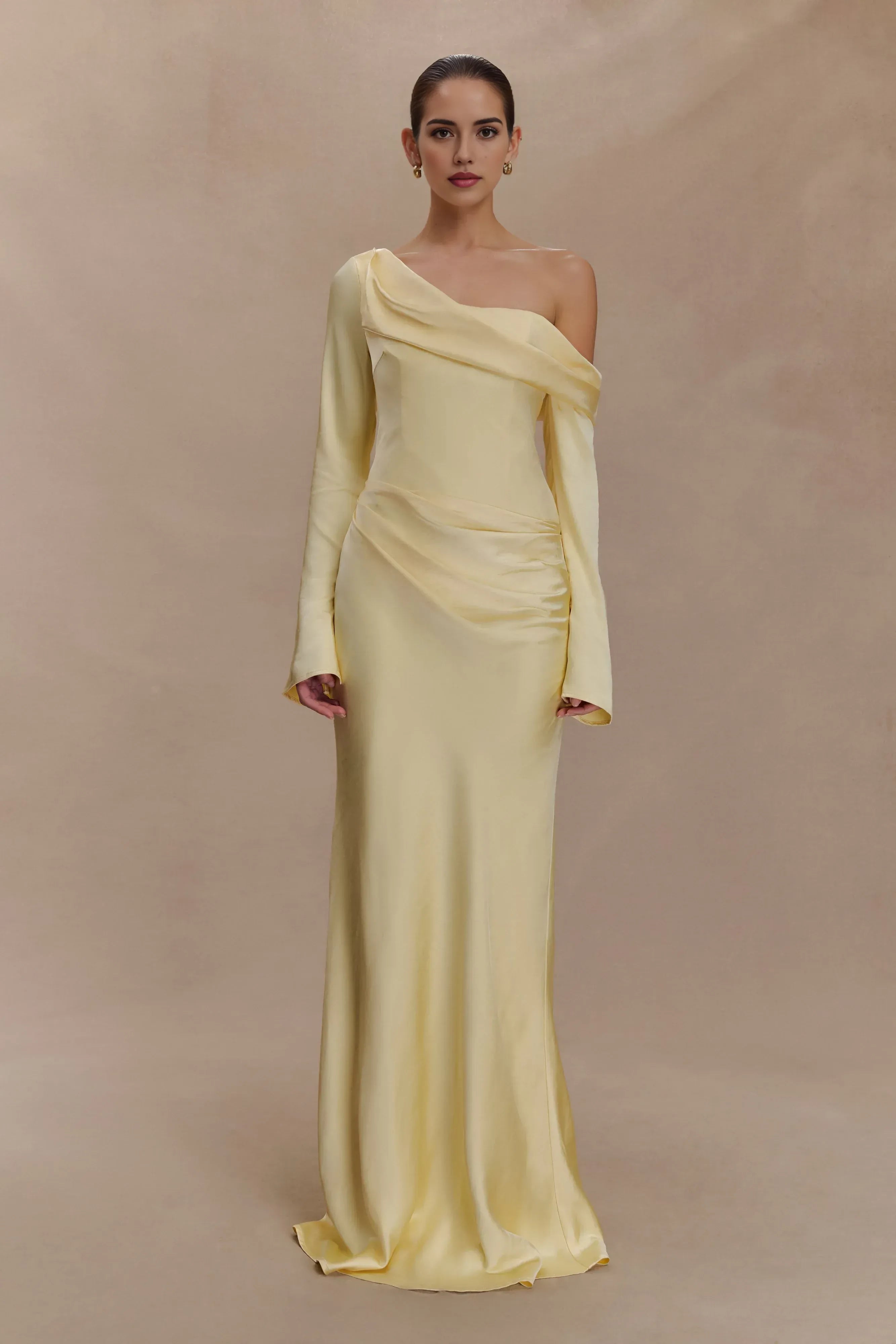 Graceful Sheath One Shoulder Long Sleeve Open Back Floor Length Prom Dress