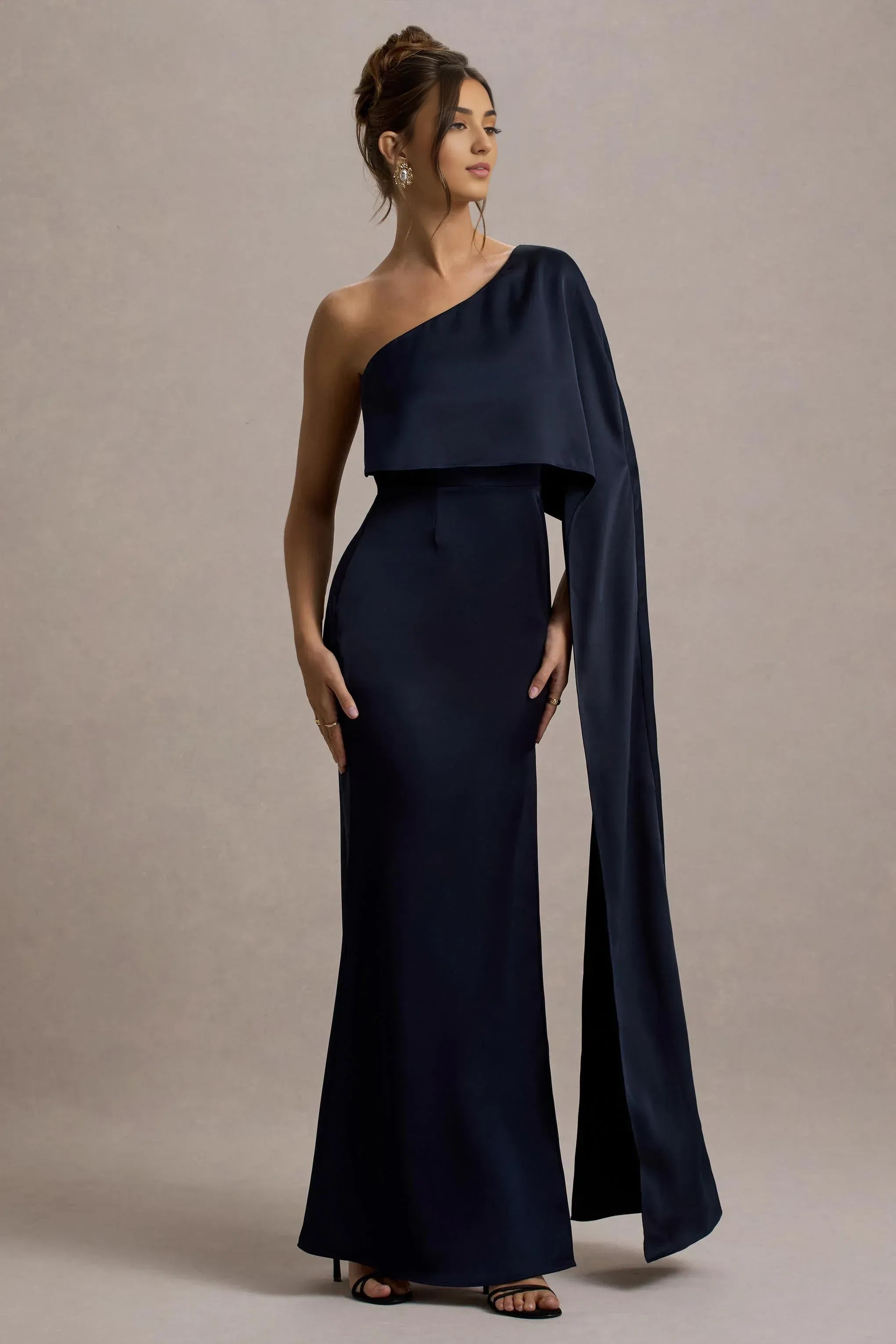 Graceful Sheath One Shoulder Sleeveless Draped Cape Floor Length Plus Size Evening Dress