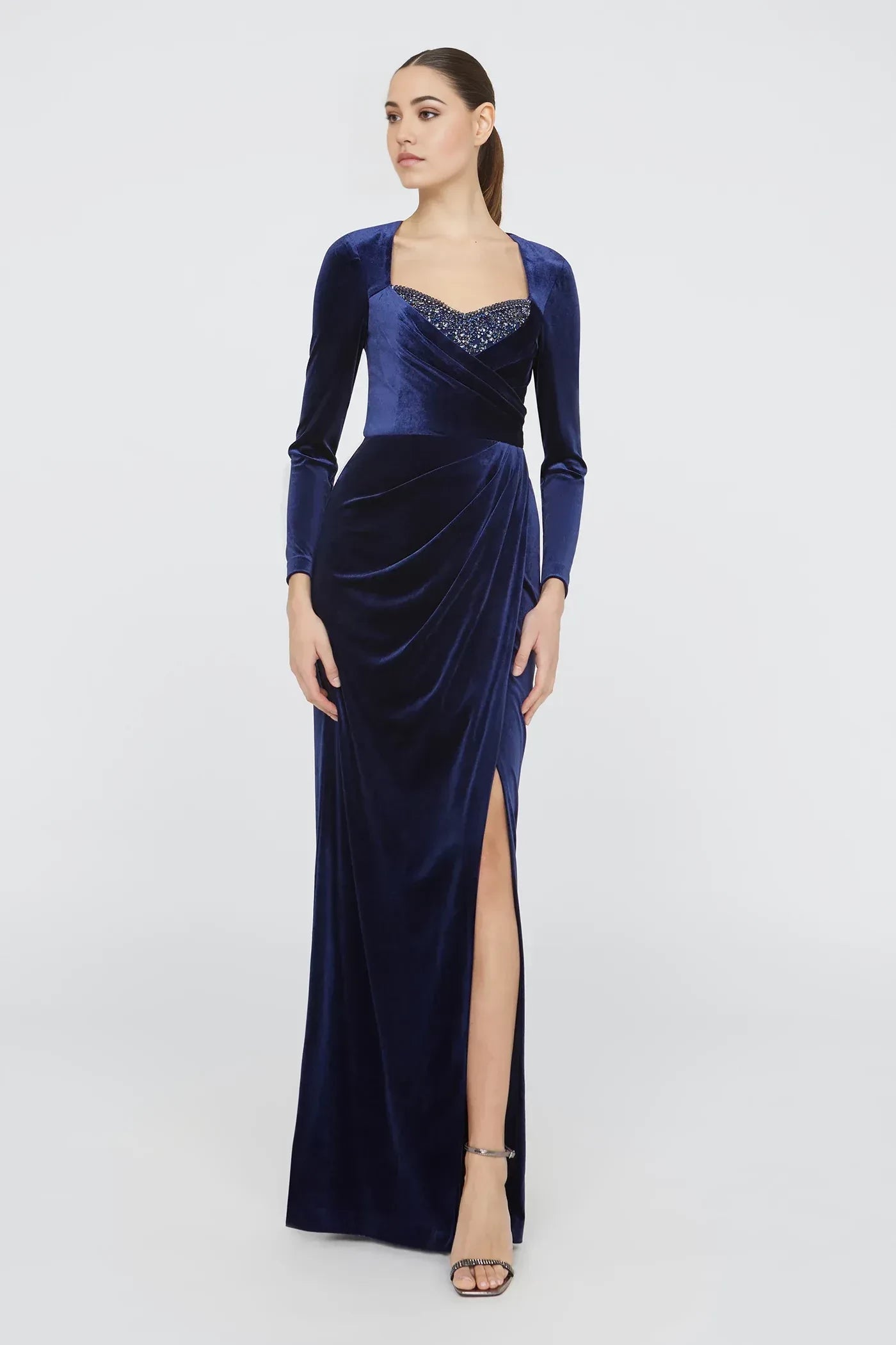 Graceful Sheath Square Neck Long Sleeve Beaded Back Floor Length Prom Dress