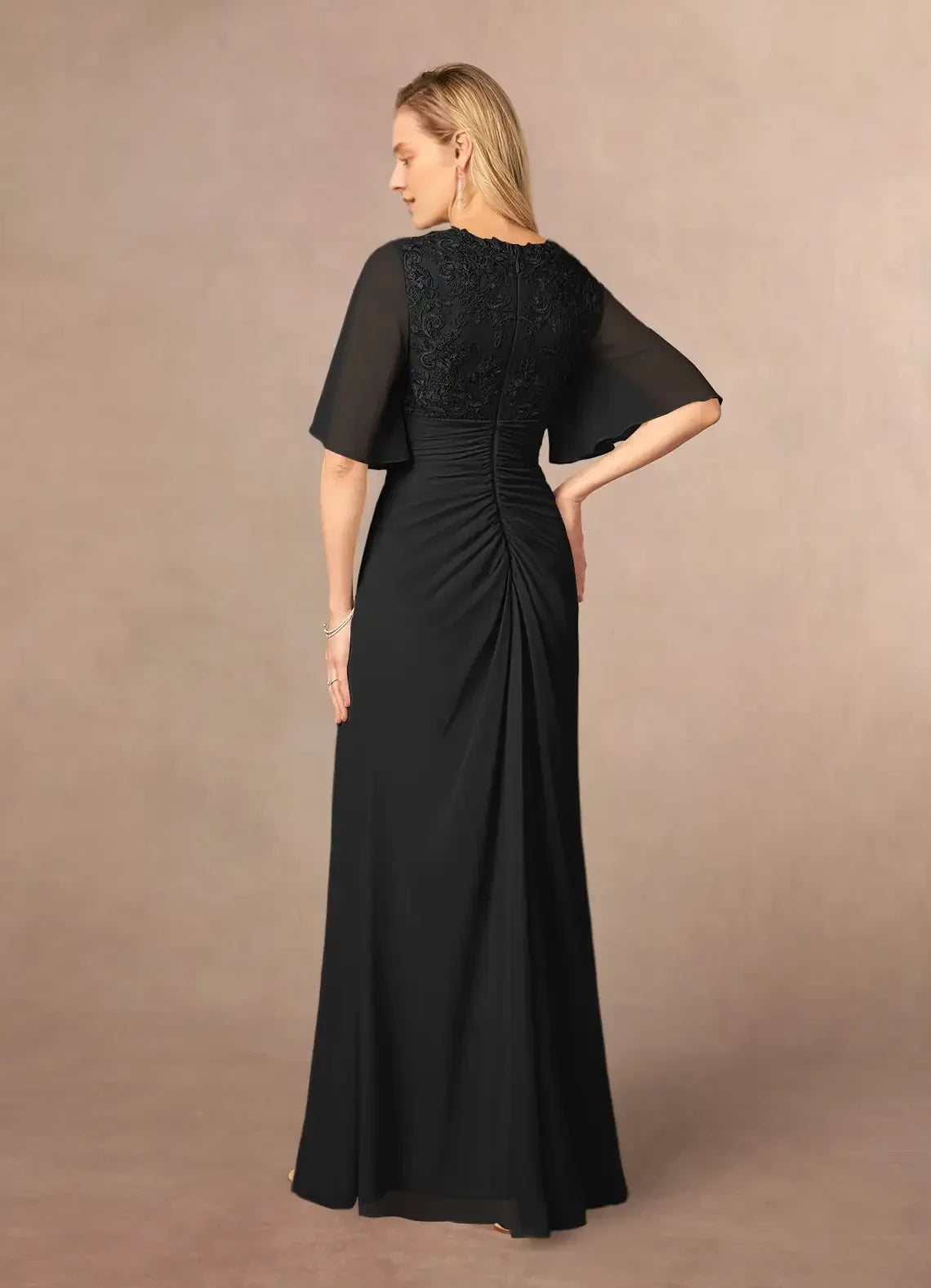 Graceful Sheath V Neck Flutter Sleeve Lace Back Floor Length Mother of the Bride Dress