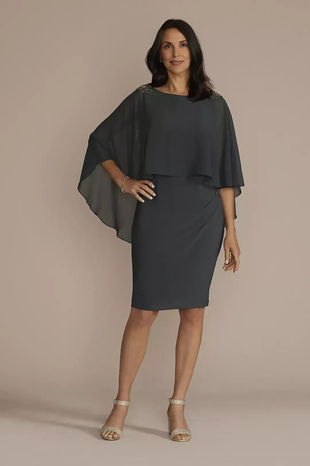 Graceful Two Piece Boat Neck Cape Sleeve Ruched Back Knee Length Mother of the Bride Dress