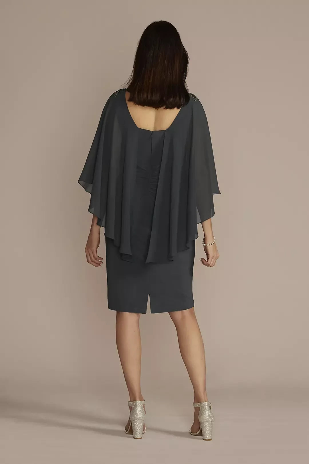 Graceful Two Piece Boat Neck Cape Sleeve Ruched Back Knee Length Mother of the Bride Dress