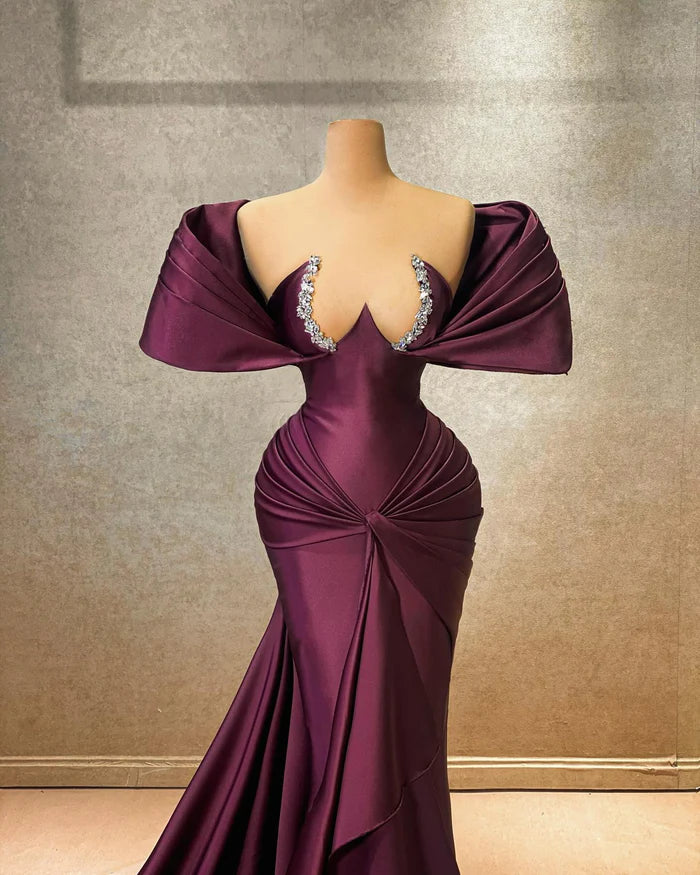 Graceful A-line Cap Sleeve Off-the-shoulder Ruffled Satin Long Prom Dress Simple gentle atmospheric and unique design