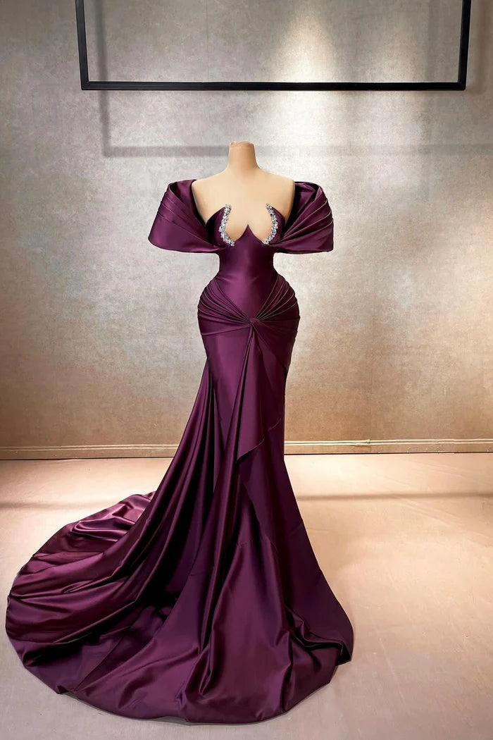 Graceful A-line Cap Sleeve Off-the-shoulder Ruffled Satin Long Prom Dress Simple gentle atmospheric and unique design