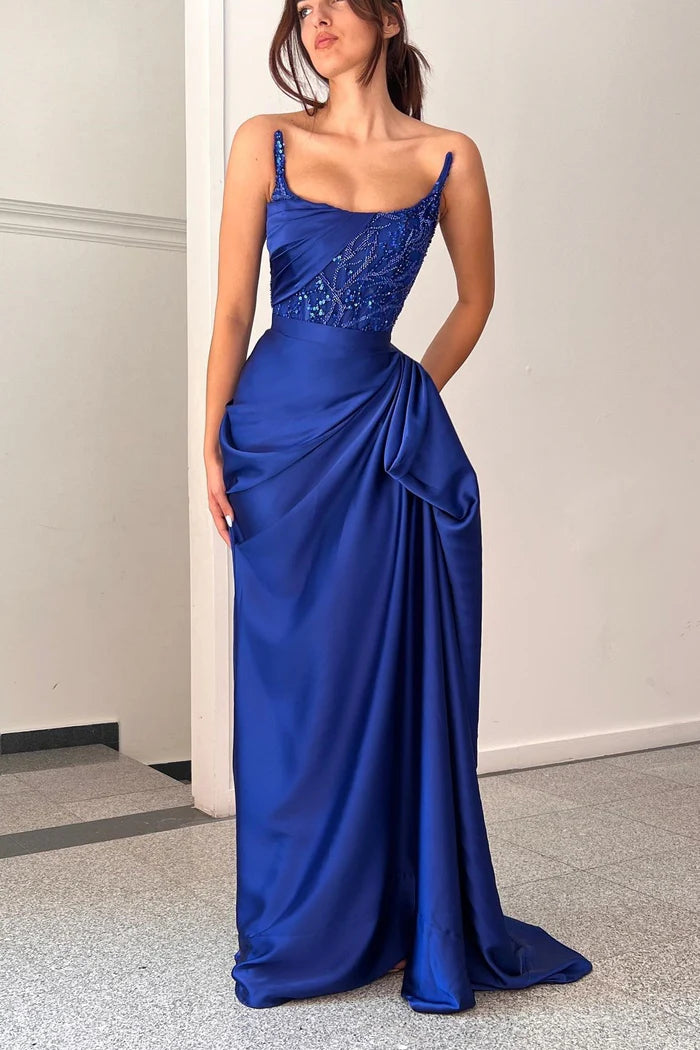Graceful A-line Ruffled Sleeveless Square Satin Ocean Blue Prom Dress Simple gentle atmospheric and unique design
