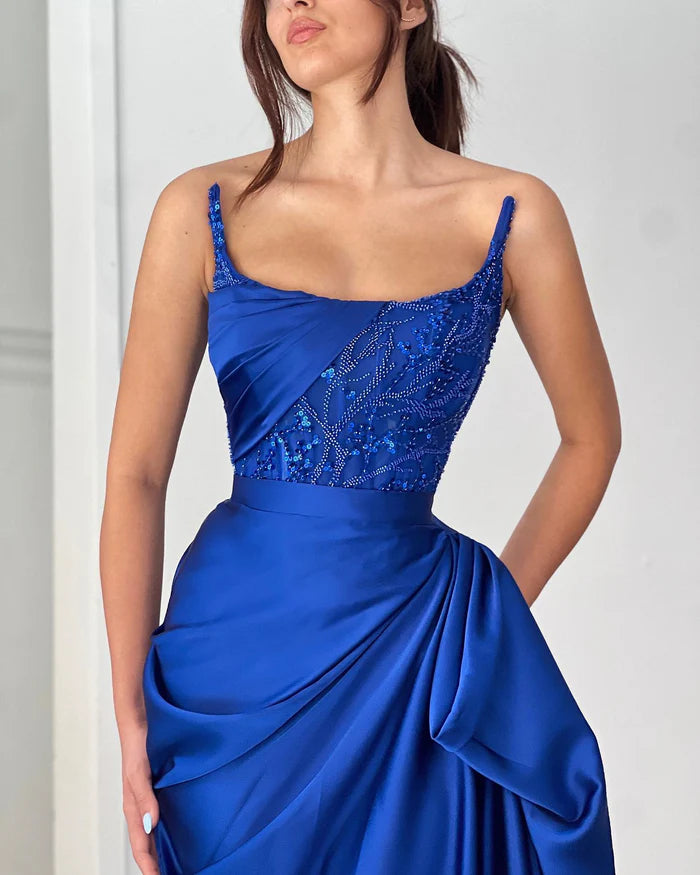 Graceful A-line Ruffled Sleeveless Square Satin Ocean Blue Prom Dress Simple gentle atmospheric and unique design