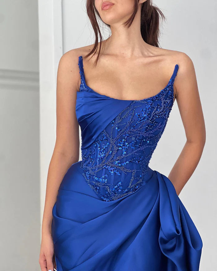Graceful A-line Ruffled Sleeveless Square Satin Ocean Blue Prom Dress Simple gentle atmospheric and unique design