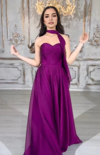 Graceful Long Purple A-line Strapless Laced-up Evening Dress Simple gentle atmospheric and unique design