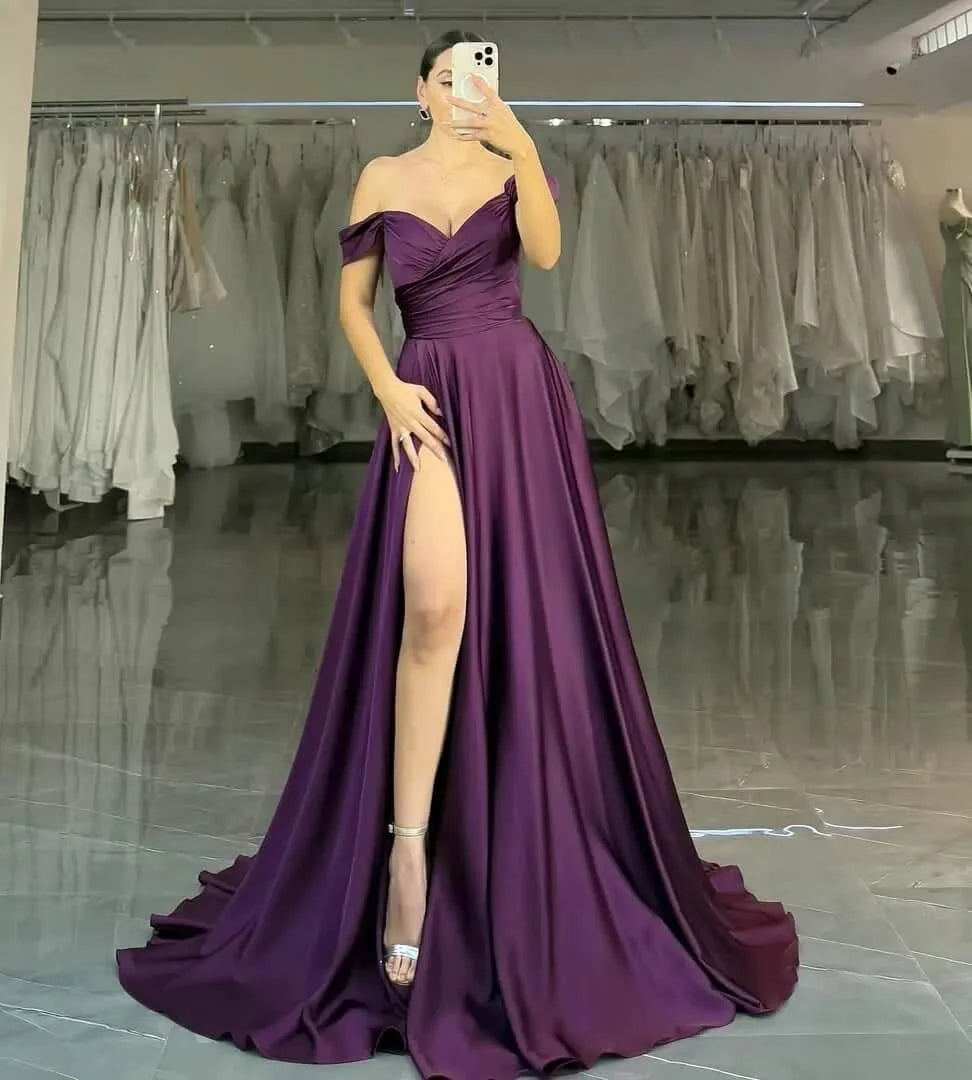 Grape Long Satin Prom Dress with Slit Long Wedding Party Gown simple gentle atmospheric and unique desi Bring summer colors to enhance whiteness