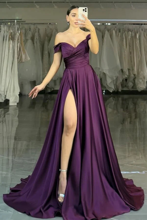 Grape Long Satin Prom Dress with Slit Long Wedding Party Gown simple gentle atmospheric and unique desi Bring summer colors to enhance whiteness