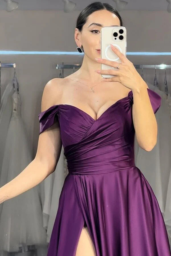 Grape Long Satin Prom Dress with Slit Long Wedding Party Gown simple gentle atmospheric and unique desi Bring summer colors to enhance whiteness