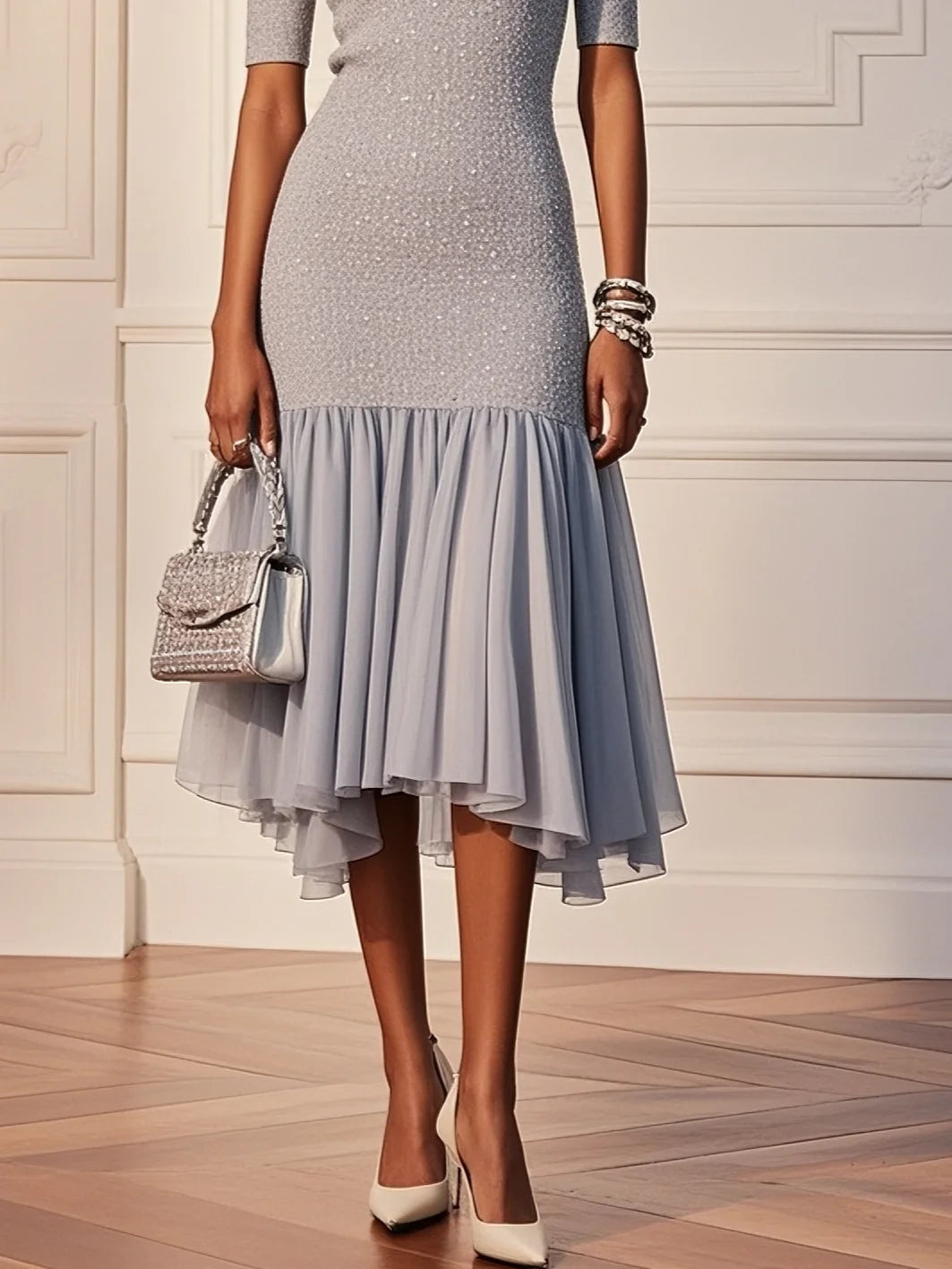 Gray Asymmetric Knit Crew Neck Half Sleeve Mermaid Midi Jersey Dress simple gentle atmospheric and unique desi Bring summer colors to enhance whiteness