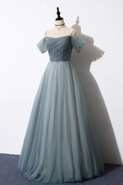Gray Blue Spaghetti Strap Tulle Floor Length Prom Dress Off Shoulder Evening Party Dress simple gentle atmospheric and unique desi Bring summer colors to enhance white ﻿