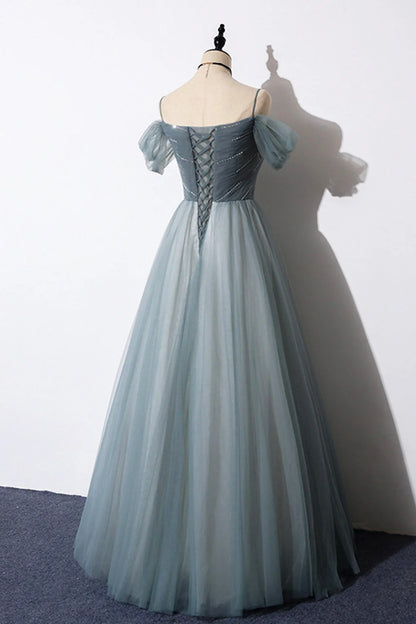Gray Blue Spaghetti Strap Tulle Floor Length Prom Dress Off Shoulder Evening Party Dress simple gentle atmospheric and unique desi Bring summer colors to enhance white ﻿