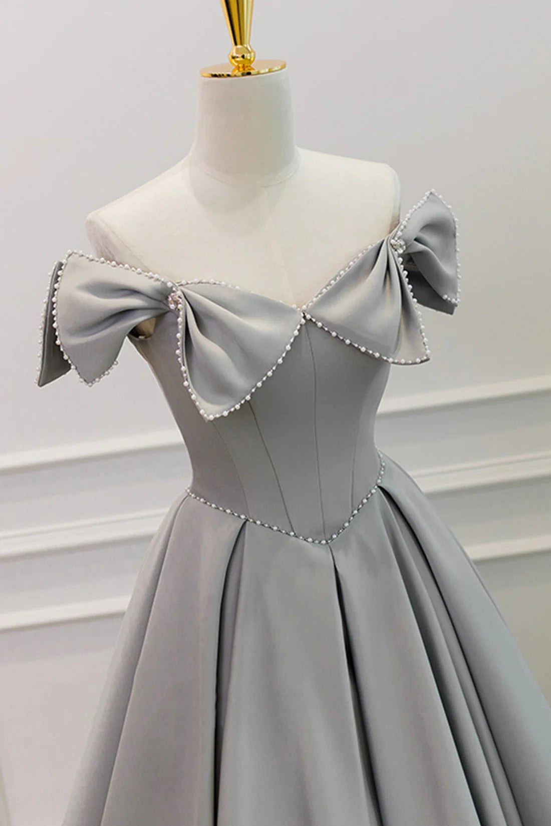 Gray Satin Floor Length Formal Dress with Pearls Cute A-Line Prom Dress simple gentle atmospheric and unique desi Bring summer colors to enhance white