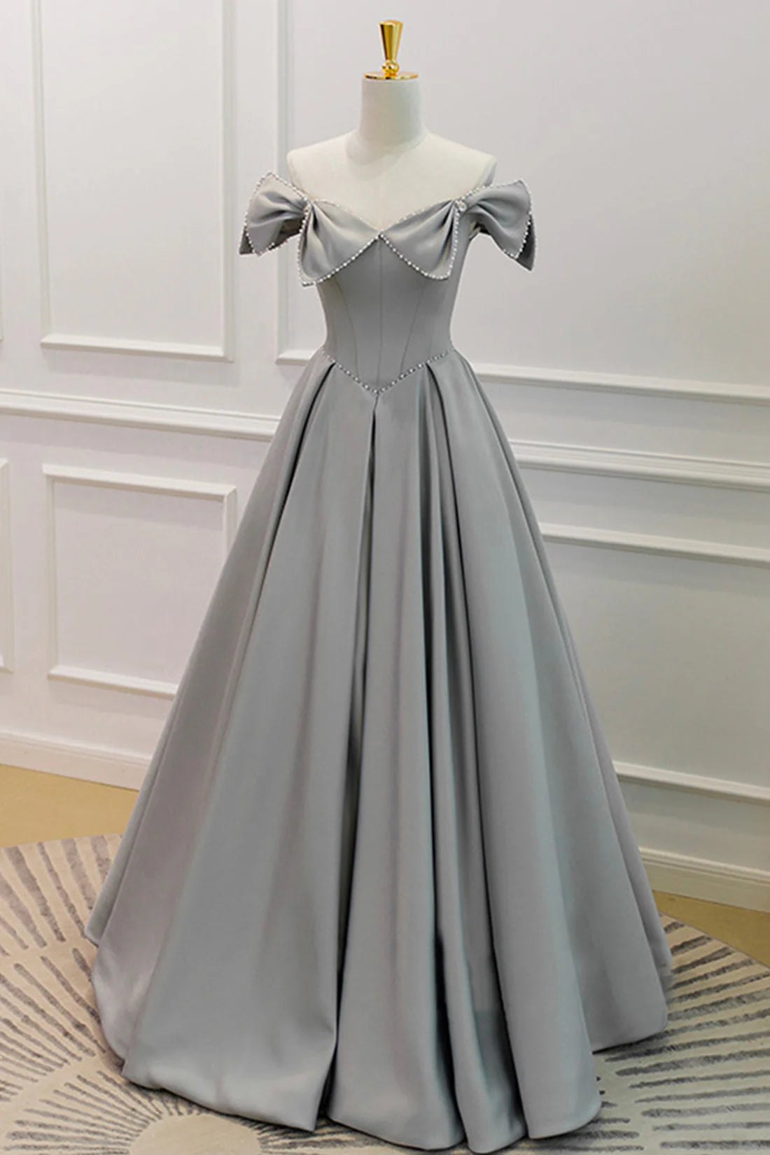 Gray Satin Floor Length Formal Dress with Pearls Cute A-Line Prom Dress simple gentle atmospheric and unique desi Bring summer colors to enhance white