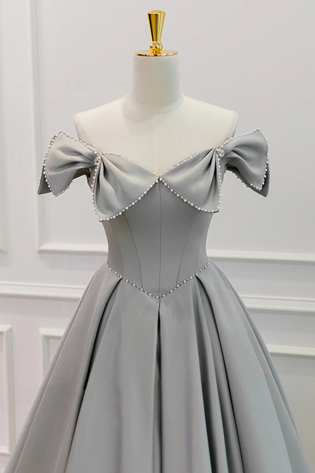 Gray Satin Floor Length Formal Dress with Pearls Cute A-Line Prom Dress simple gentle atmospheric and unique desi Bring summer colors to enhance white