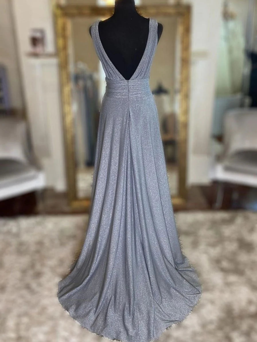 Gray v neck tulle sequin long prom dress, gray evening dress simple gentle atmospheric and unique desi Bring summer colors to enhance whiteness
