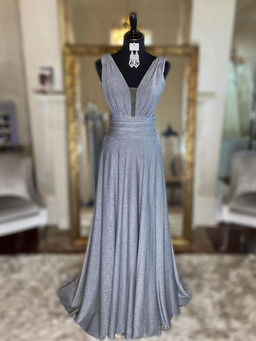 Gray v neck tulle sequin long prom dress, gray evening dress simple gentle atmospheric and unique desi Bring summer colors to enhance whiteness