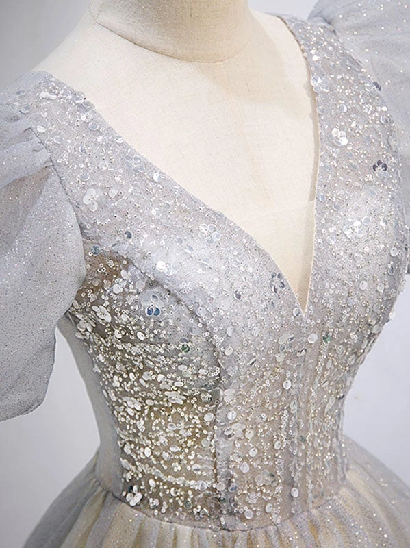 Gray v neck tulle sequin long prom dress gray tulle formal dress simple gentle atmospheric and unique desi Bring summer colors to enhance whitenes