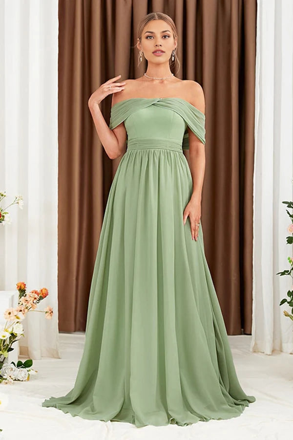 Green A-Line Off the Shoulder Chiffon Long Prom Dress simple gentle atmospheric and unique desi Bring summer colors to enhance whiteness