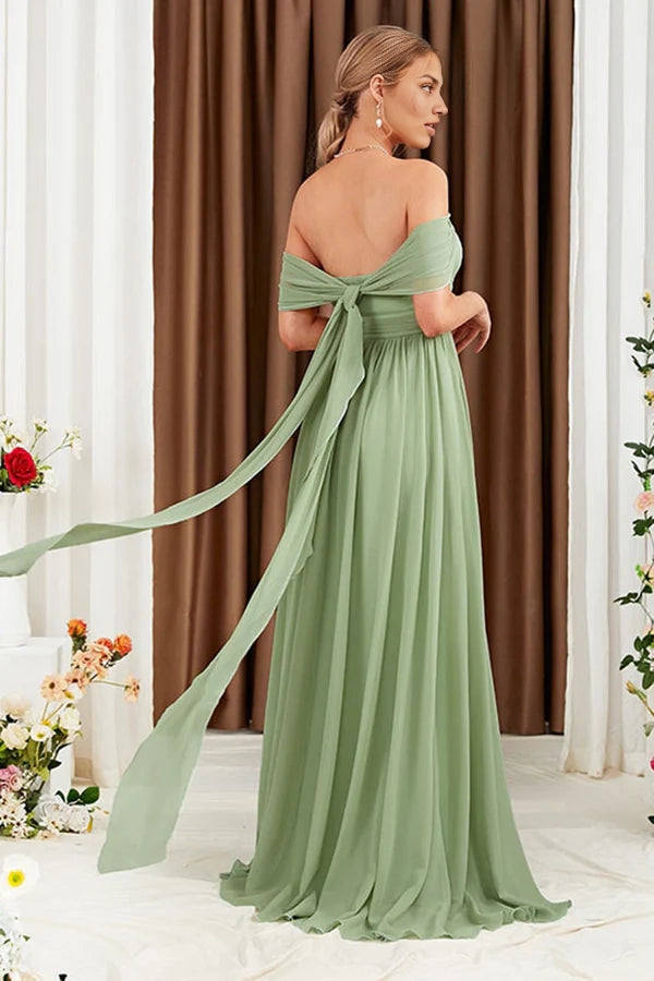 Green A-Line Off the Shoulder Chiffon Long Prom Dress simple gentle atmospheric and unique desi Bring summer colors to enhance whiteness