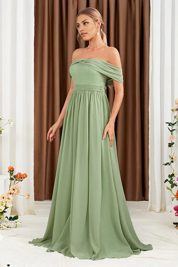 Green A-Line Off the Shoulder Chiffon Long Prom Dress simple gentle atmospheric and unique desi Bring summer colors to enhance whiteness