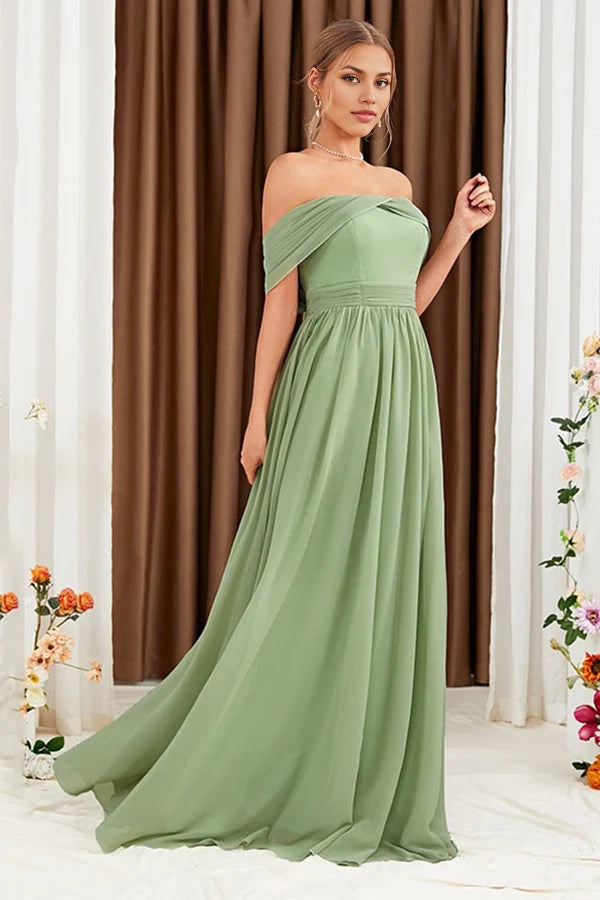 Green A-Line Off the Shoulder Chiffon Long Prom Dress simple gentle atmospheric and unique desi Bring summer colors to enhance whiteness