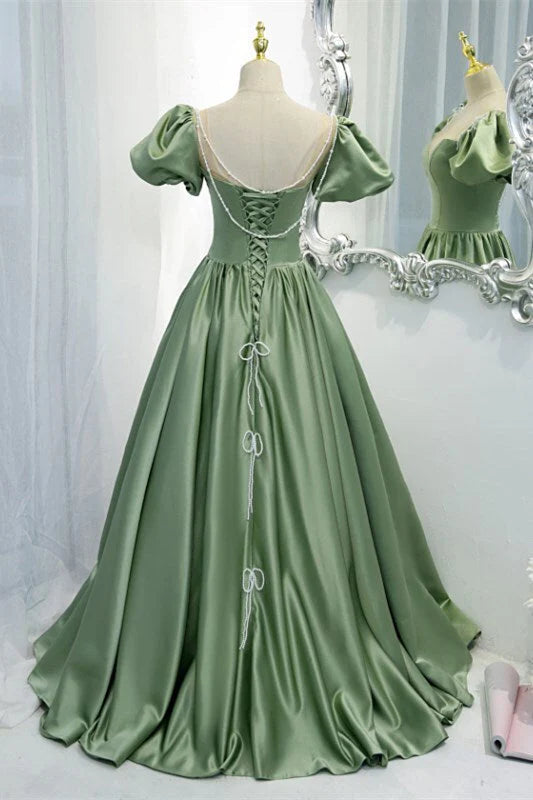 Green A-line Long Formal Gown Satin Prom Dresses simple gentle atmospheric and unique desi Bring summer colors to enhance whiteness