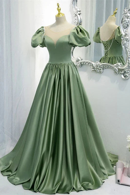 Green A-line Long Formal Gown Satin Prom Dresses simple gentle atmospheric and unique desi Bring summer colors to enhance whiteness
