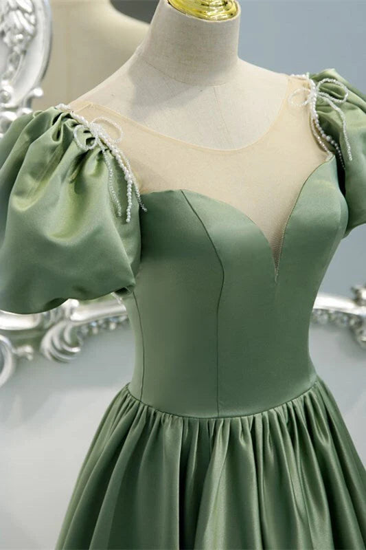 Green A-line Long Formal Gown Satin Prom Dresses simple gentle atmospheric and unique desi Bring summer colors to enhance whiteness