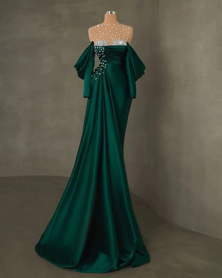 Green Beaded Elegant Long Satin Ball Gown Evening Gown Party Dress simple gentle atmospheric and unique desi Bring summer colors to enhance whiteness