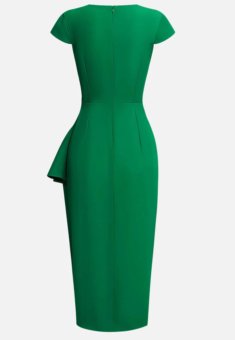Green Cowl Neck Ruched Cap Sleeve Sheath Midi Dress simple gentle atmospheric and unique desi Bring summer colors to enhance whiteness