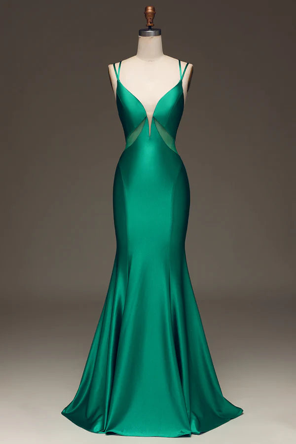 Green Deep V-neck Satin Mermaid Prom Dress with Lace-up Back Simple gentle atmospheric and unique desig