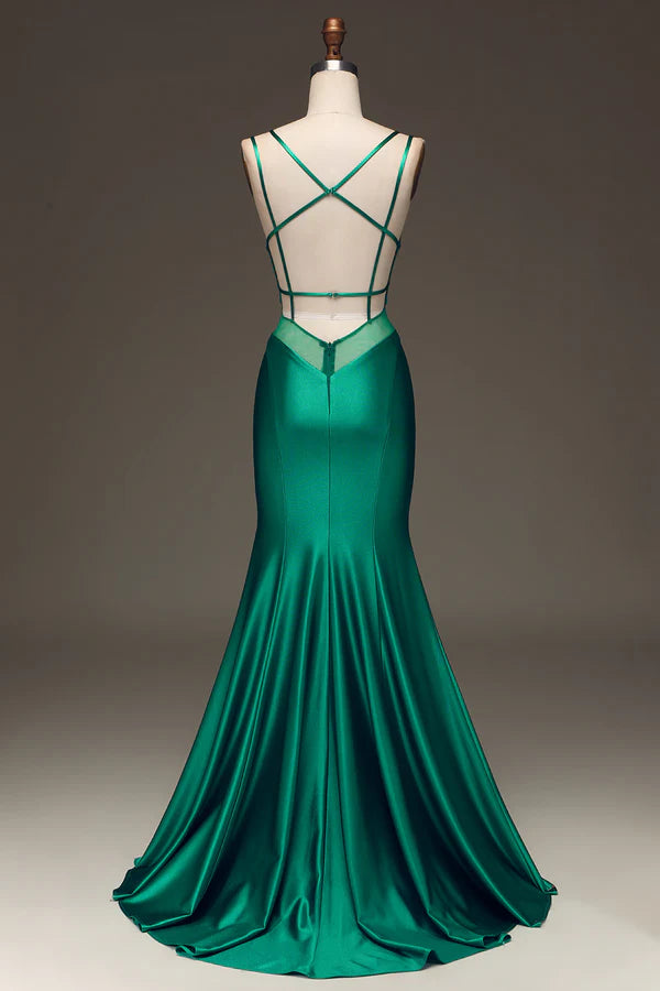 Green Deep V-neck Satin Mermaid Prom Dress with Lace-up Back Simple gentle atmospheric and unique desig