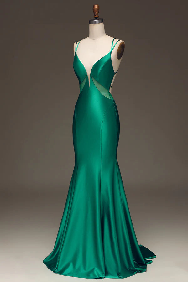 Green Deep V-neck Satin Mermaid Prom Dress with Lace-up Back Simple gentle atmospheric and unique desig