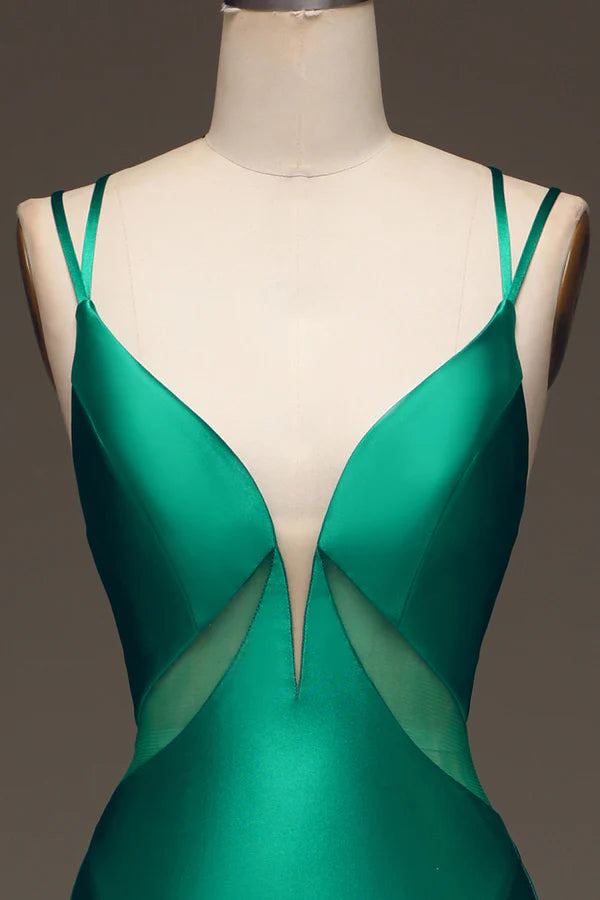 Green Deep V-neck Satin Mermaid Prom Dress with Lace-up Back Simple gentle atmospheric and unique desig