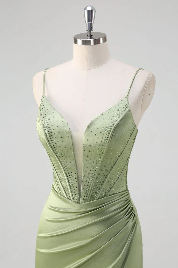 Green Mermaid Spaghetti Straps Corset Long Beaded Prom Dress With Slit simple gentle atmospheric and unique desi