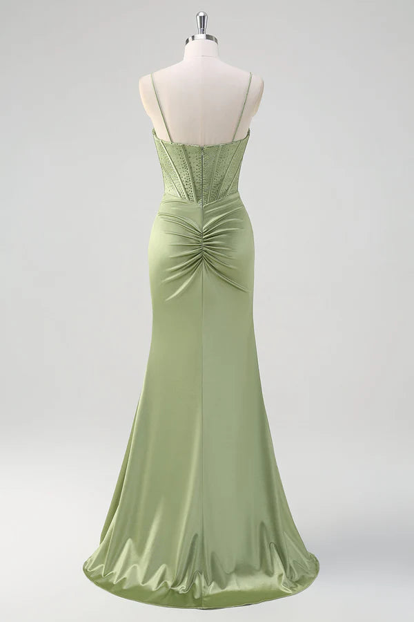 Green Mermaid Spaghetti Straps Corset Long Beaded Prom Dress With Slit simple gentle atmospheric and unique desi