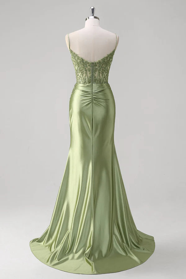 Green Mermaid Spaghetti Straps Pleated Corset Prom Dress simple gentle atmospheric and unique desi