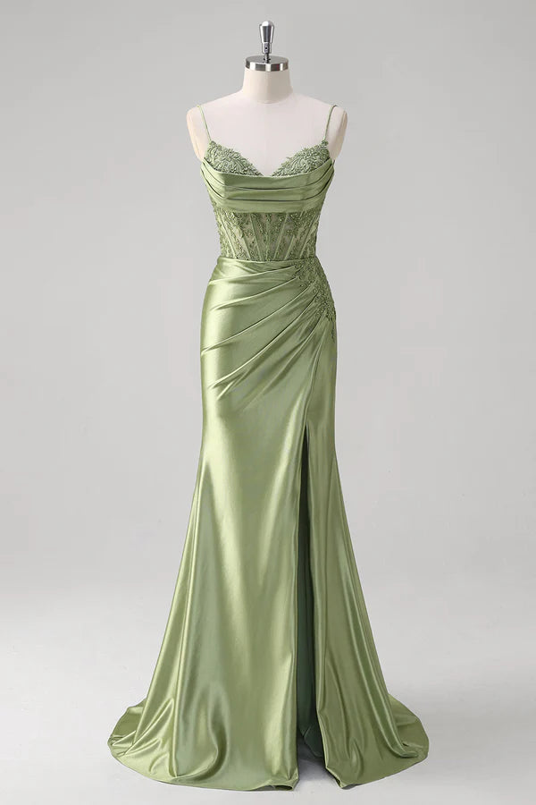 Green Mermaid Spaghetti Straps Pleated Corset Prom Dress simple gentle atmospheric and unique desi