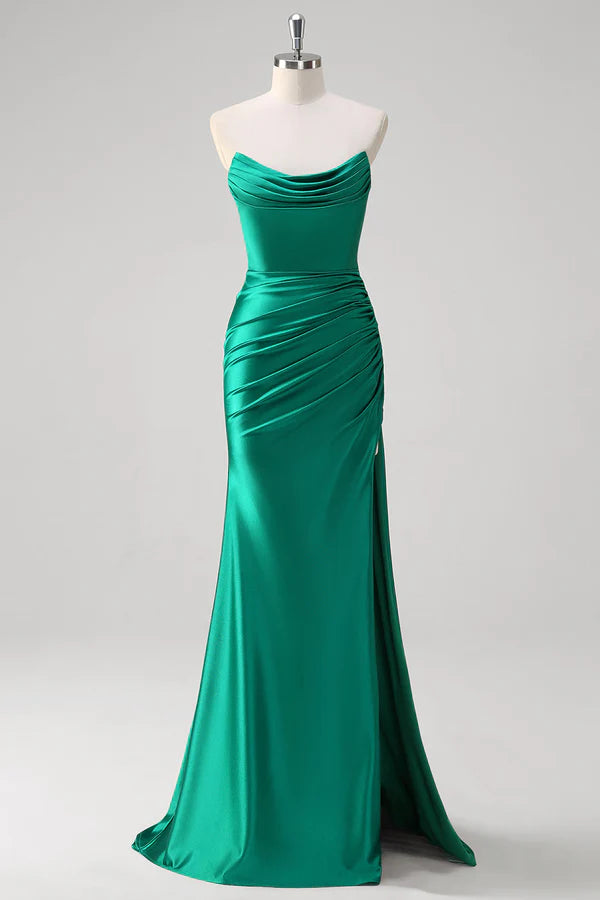 Green Mermaid Strapless Satin Ruched Long Prom Dress with Slit simple gentle atmospheric and unique desi
