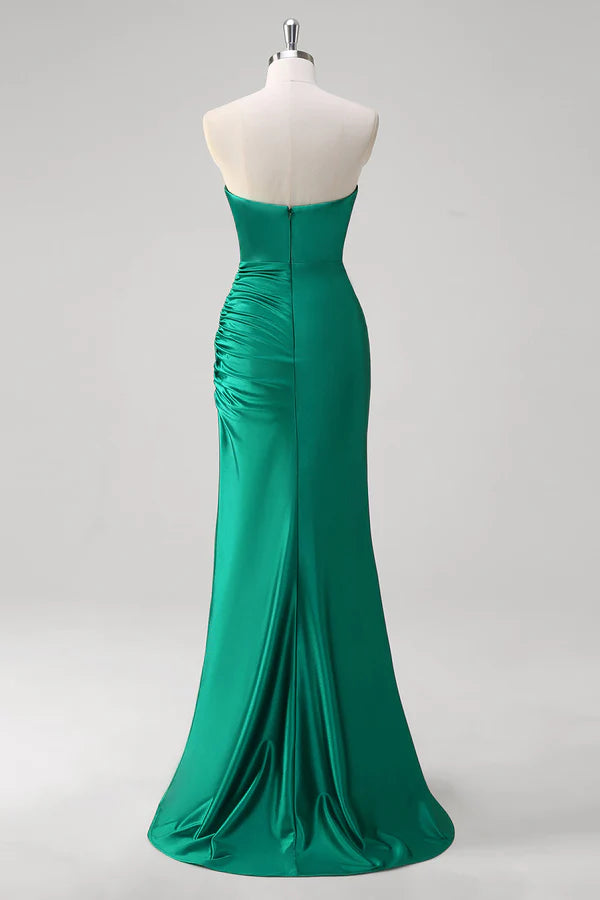 Green Mermaid Strapless Satin Ruched Long Prom Dress with Slit simple gentle atmospheric and unique desi