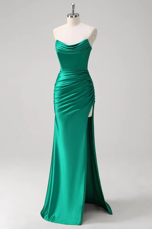 Green Mermaid Strapless Satin Ruched Long Prom Dress with Slit simple gentle atmospheric and unique desi