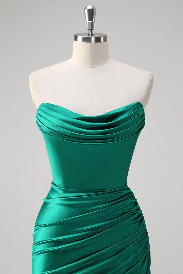 Green Mermaid Strapless Satin Ruched Long Prom Dress with Slit simple gentle atmospheric and unique desi